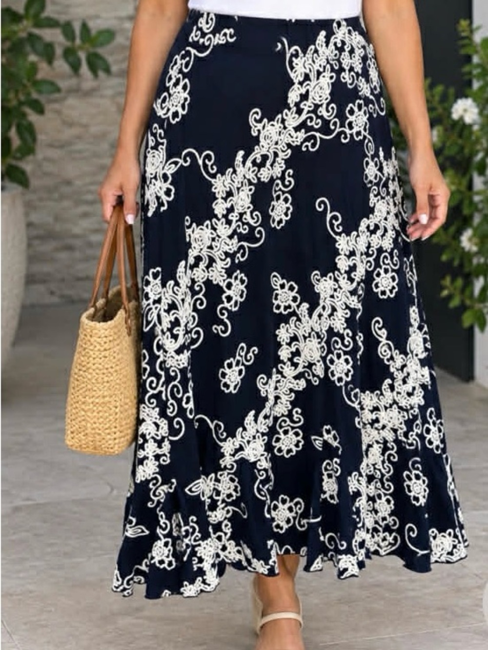 SJS Navy Maxi Skirt with Cream Floral Lace Print